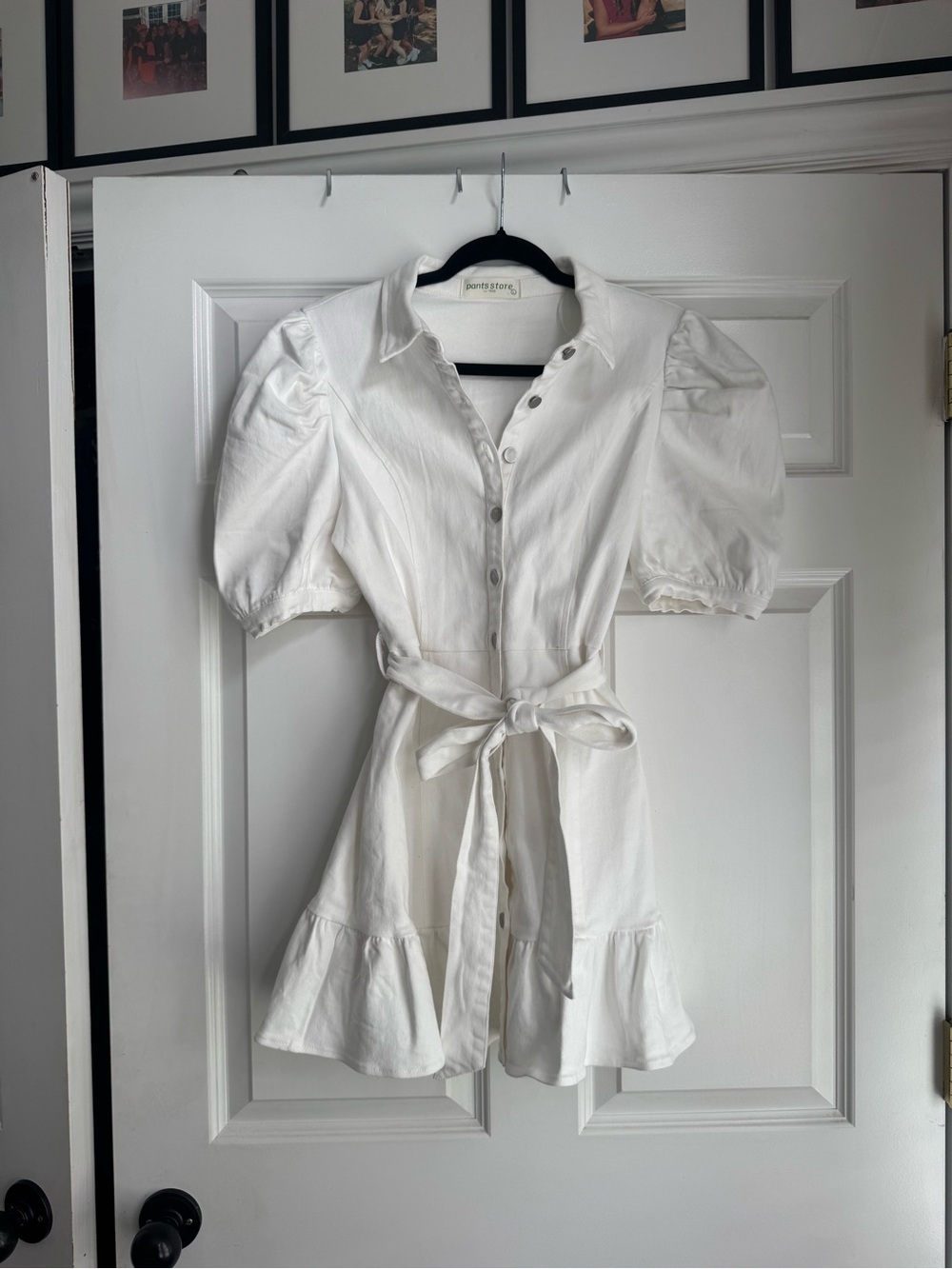 Puff Sleeve White Mini Dress with Tie Waist